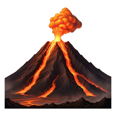 Cinematic Realistic Volcano Emoji, Powerful and awe-inspiring, with molten lava flowing from its jagged, smoking peak, casting an orange glow in the surrounding darkness. The landscape around it is barren and rocky, with clouds of ash rising into the sky. Soft glowing outline, capturing the essence of raw power and fiery energy in a towering volcano. sticker
