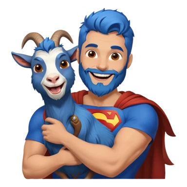 Adult Superman with redish brownish full beard with his arm around a blue hair laughing goat sticker