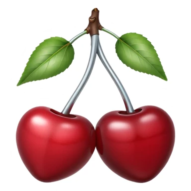 A pair of cherries emoji made of polished silver chrome, smooth rounded shapes, glossy metallic finish, soft highlights and reflections, cute proportions, iOS emoji style, centered, clean white background, no text sticker