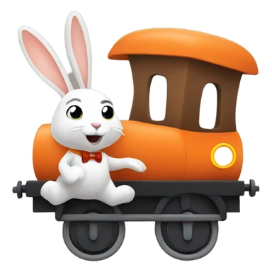 rabbit conductor riding a train that is shaped like a carrot sticker