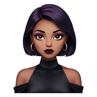 A half-body shot of a woman with bold makeup, including deep eyeliner and dark lipstick. Her outfit is a sleek, black satin dress, and she has a powerful, intense look. The background is a dimly lit, moody space with soft bokeh lights sticker