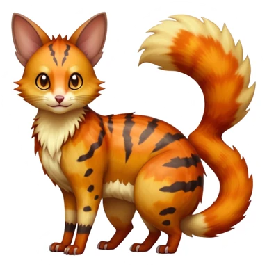 realistic  ember-rust copper fur molten with glowing magma seams and smoky tips beautiful elegant pretty precious cute  Fakémon-Pokémon-opossum-feline-serval-caracal-chinchilla-Furret-Minccino-hybrid-creature with a big fluffy bushy tail (full body) sticker