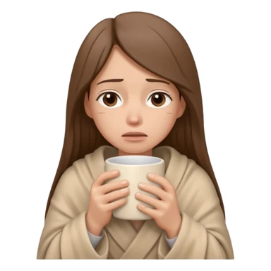emoji-style illustration of a sad crying woman with long straight brown hair, wrapped in a cozy beige blanket, holding a mug cup, minimalistic look, front-facing, soft 3D cartoon rendering, plain background sticker