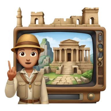 Icon for Documentary Film (TV style): A traveler pointing backward and narrating in front of ancient ruins, with a vintage TV screen framing the scene. Include elements like historical landmarks, maps, and exploration tools to evoke a sense of adventure. Transparent background. sticker