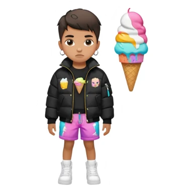 A young boy that Wears a black puffer jacket, colorful Ice Cream shorts with cartoon prints, white Air Forces, a crossbody bag, and a chain. Has a fade or durag, serious face, and London street vibes sticker