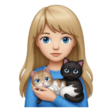 Apple-style emoji sticker of a young woman with long dark blond hair and bangs, blue eyes , holding a spotting black-and-white kitty on her chest.  sticker