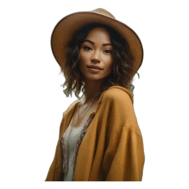 Outdoor photoshoot in a forest setting, model in bohemian attire, style: natural light photography. Camera setup for soft, diffused lighting: 50mm lens, f/2.0, ISO 200, 1/250 sec. –ar 16:9 sticker