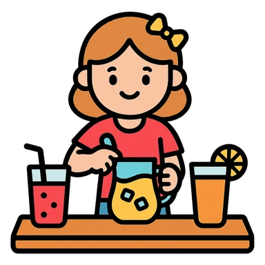 cartoon girl preparing cold drinks and juices on a table, bright colors sticker