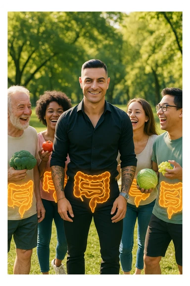  a smiling man stands at the center of a group of diverse, happy people in a bright park. Everyone has a subtle, glowing outline around their abdominal area, symbolizing a healthy gut. The group is laughing, sharing fresh fruits and vegetables, and the atmosphere is vibrant and full of energy. sticker