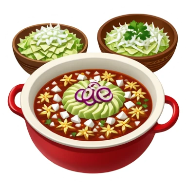 A delicious hot bowl of pozole rojo with the sides next to the bowl: chopped onions, shredded cabbage, lime wedges, red chile de arbol salsa, and full round tostadas sticker