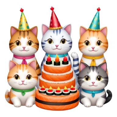 exactly six individual cats in a row celebrating one cat's birthday, each cat clearly visible and holding a piece of sushi, birthday cake in center, all six cats with party hats sticker