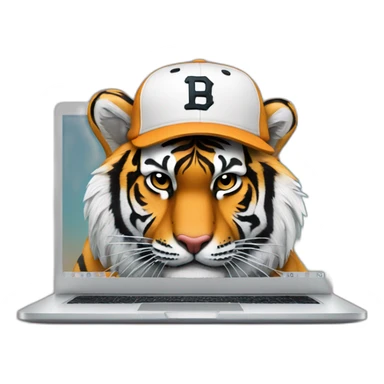 tiger wearing a baseball hat behind a laptop sticker