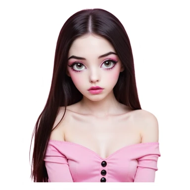 girl with white skin, dark brown long straight hair with middle part falling in front of her body, very big pouty extra shiny lips with absolutely no cupid's bow, big round shiny eyes with black eyeballs and huge eyelashes, lighter button nose, very long oval-shaped face, wearing a pink off-shoulder top, looking directly at camera with hands down at sides sticker