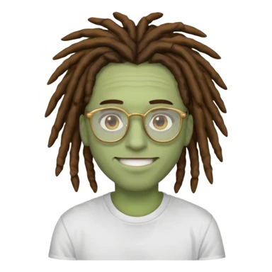 man with brown dreads white tee golden eyes light green skin glasses and white smile sticker