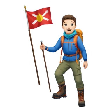 joyful guy on a mountain summit with a flag, snow at his feet, the mountain is clearly visible under his legs sticker