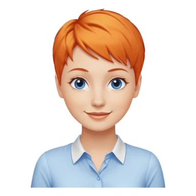 27 year old white woman, orange hair, pixie cut, blue eyes,  wearing a white blouse sticker
