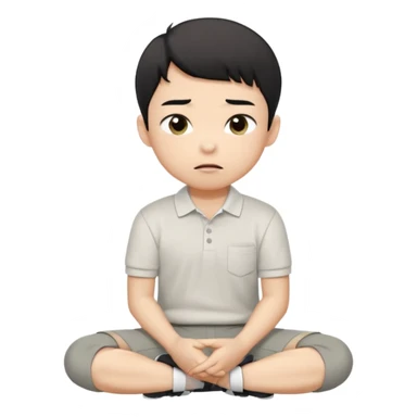 A cartoon young Asian boy with short black hair, light beige skin, and large expressive eyes, wearing a white polo shirt, gray pants, and black shoes. He sits cross-legged on the ground, one fist resting on his cheek, with a closed-mouth smirk. Clean lines, flat colors, solid black background. sticker