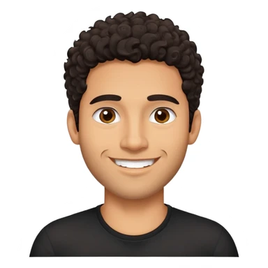 Hombre latino piel canela, cara redonda-ancha, scruff sin barba completa, cejas gruesas, pelo oscuro rizado hasta el cuello. Sonrisa amplia, expresión alegre. Camisa negra. Size large.  sticker