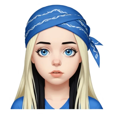 billie eilish blue eyes long black hair dark eyeliner makeup, wearing head bandana sticker