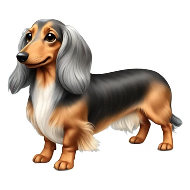 On his back. Long haired dapple dachshund, tan, gray & black. Full body  sticker