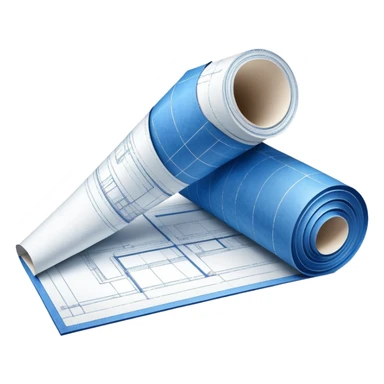 half rolled up blue blueprint plan with white architectural lines, perspective angle sticker
