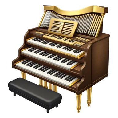 Create an elegant and majestic emoji representing a classical organ. The design should feature the grand pipes of the organ in the background, with visible details of the keys and pedalboard in the foreground. The pipes should be tall and impressive, with a mixture of gold, silver, and metallic shades to emphasize the grandeur of the instrument. The keyboard and pedals should be well-defined, capturing the intricate craftsmanship of the organ. Use dark wood tones and gold accents for the body of the instrument to give it a rich, historic feel. Add subtle musical notes around the organ to evoke its deep, resonant sound. The background should be transparent. sticker