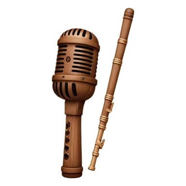 Create a traditional and warm emoji representing folk singing, using a humanless collage. The design should feature a rustic wooden microphone or an old-fashioned folk instrument like a balalaika, gusli, or a domra, placed alongside traditional elements such as a hand-woven scarf or a wooden flute. Include natural, earthy details like wildflowers, musical notes, and rustic textures, evoking the feeling of folk music in its purest form. Use warm, earthy colors like brown, gold, red, and green to create a cozy and organic vibe. The background should be transparent. sticker