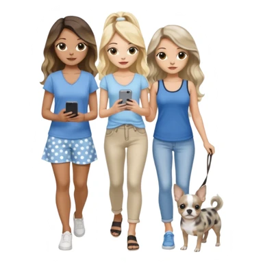 Three pretty women in cute summer clothes walking a blue and gray spotted Merle Frenchie and walking a black and tan chihuahua puppy, holding iPhone, hazel eyed light skin with dark blonde long hair and light skin hazel eyed long wavy dark hair, blue eyed light skin long blonde hair  sticker