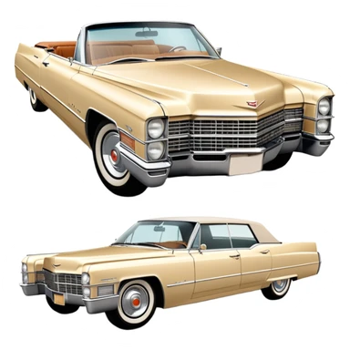Beige 1966 Cadillac DeVille, 30-degree three-quarter view showing front and side, accurate vintage luxury car proportions, detailed front grille and headlights, from Once Upon a Hollywood movie, iOS emoji style sticker