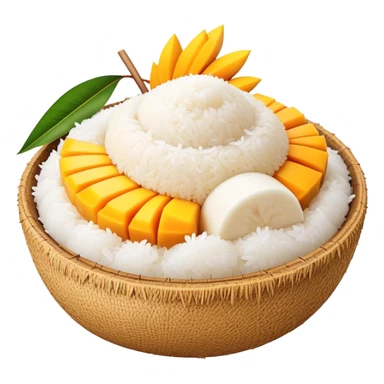 cinematic-realistic-mango-sticky-rice-dessert-emoji,-showcasing-sweet-sticky-rice out of a mould-paired-with-ripe-mango-slices-and-coconut-milk-rendered-with-lifelike-detail-and-warm,-inviting-lighting with the coconut  milk over the rice sticker