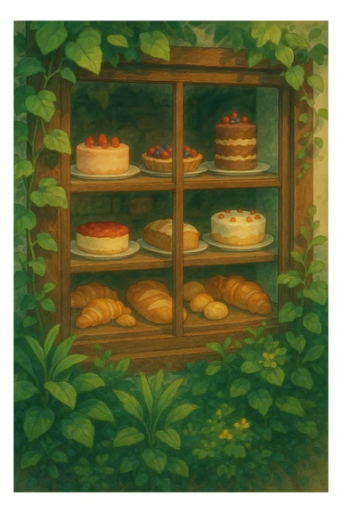 a whimsical ghibli bakery window with cakes and breads, lush plants, soft painterly style sticker