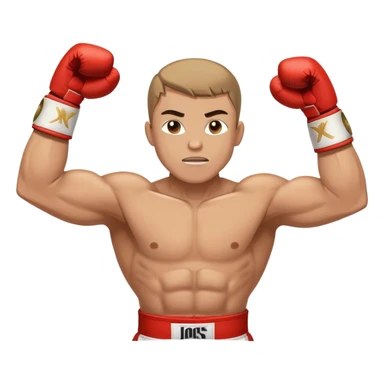 Boxing champion with arms raised in victory, wearing multiple championship belts around waist, determined expression, white hand wraps, muscular cartoon body sticker