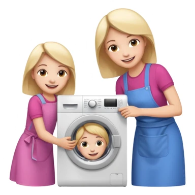 Mother and little daughter opening a washing machine door sticker