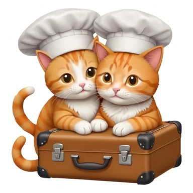 top-down view of one cat in a chef hat hugging a cat with a suitcase, emoji style sticker