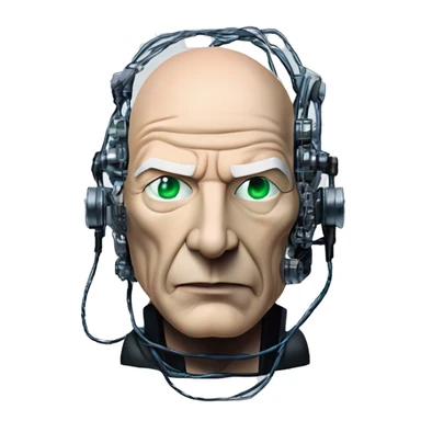 Jean luc picard from Star Trek assimilated by the Borg, with mechanical metal covering the left side of his face, with wires and a red light on the left side. His eyes are blue sticker