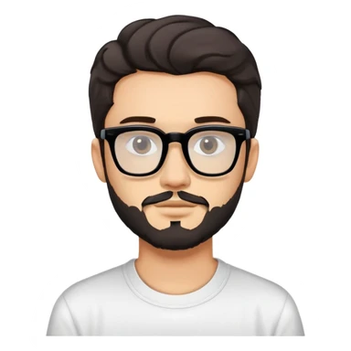 young adult man with light skin, short beard, dark wavy hair, relaxed expression, very wide rectangular glasses with thick black acetate frame and thick double bridge, retro oversized style, colorful open shirt and white t-shirt sticker