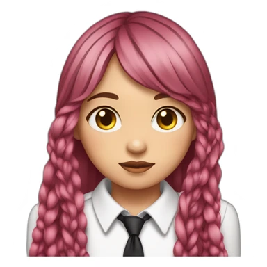 (gril) makima with long straight red or pink hair fringe and braid, yellow eyes with a circle inside and a white shirt with long sleeve and black tie sticker
