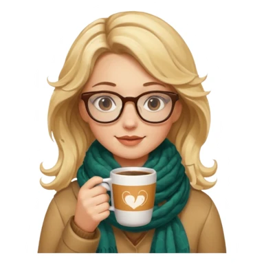 a girl drink with blonde wavy hair, wearing glasses, having scarf, drink coffee sticker