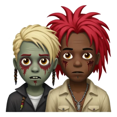make two zombie boys, preferably black, both with dreadlocks, one with short hair, half blond and half black, and the second with long dreadlocks (up to the shoulder) with red roots and black tips  sticker