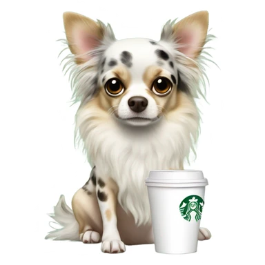 Fluffy spotted Merle long hair chihuahua drinking Starbucks  sticker