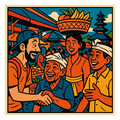 comic book panel of a Bali nomad meeting friendly locals at a bustling Balinese market, expressive faces, comic book style, vibrant colors, lively atmosphere sticker