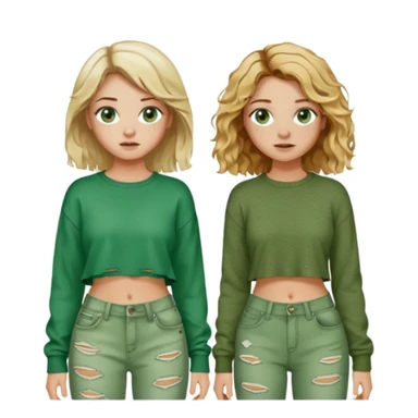 Two girls, both white, one with short wavy blonde hair and green eyes, dressed in punk Y2K fashion and the other with long wavy brown hair, brown eyes, freckles; and cozy green clothes  sticker
