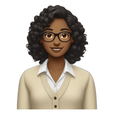 smiling dark skin indian teenage girl with black curly hair and glasses wearing a collared long sleeve white shirt under a beige v shaped collar sweatervest with no buttons sticker