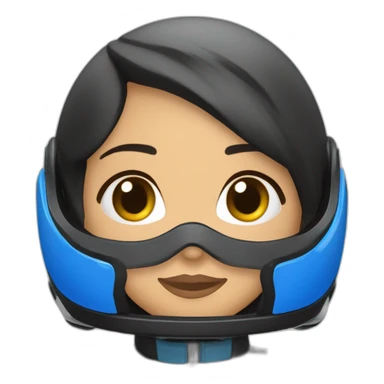 Piloto mulher morena de kart macacão da cor preto com detalhe azul escuro e capacete branco com detalhe azul escuro sticker