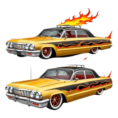 Satans Hot rod custom 1964 impala low rider four door Anubis themed painted hood flaming side-mounted chrome exhaust pipes driving straight to hell  sticker