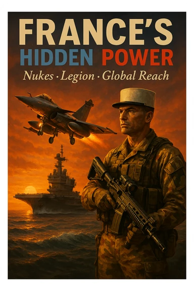 Cinematic dusk scene of a Rafale jet launching from Charles de Gaulle carrier with an orange sunset. Foreground shows a Legionnaire in desert camouflage holding an advanced rifle. Bold tricolor headline: 'FRANCE’S HIDDEN POWER'. Subtext: 'Nukes • Legion • Global Reach'. 8K, epic style. sticker