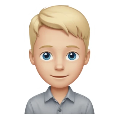 young boy, blond hair, blue eyes, big forehead, pale with slight red from tanning, smiling, in a grey button shirt sticker