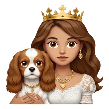 Brown haired slightly tan girl, with straight hair with waves, wearing gold jewelry and a white Lacy top, holding a kings Charles cavalier sticker