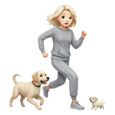 A beautiful girl with fair skin wearing a gray sweatshirt and sweatpants happily chasing a white Labrador sticker