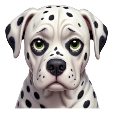 Cinematic Grumpy Dalmatian Portrait Emoji, Head tilted slightly with a deeply unimpressed expression, featuring a glossy white coat with prominent black spots and a furrowed brow, large, droopy dark eyes narrowed into an unamused glare, ears slightly drooping in exasperation, Simplified yet comically expressive features, highly detailed, glowing with a dry, sarcastic glow, high shine, effortlessly judgmental yet dignified, stylized with a touch of cynicism, bright but brooding, soft glowing outline, capturing the essence of an eternally unimpressed yet endearing companion, so lifelike it feels like it could sigh heavily at you in disdain at any moment! sticker